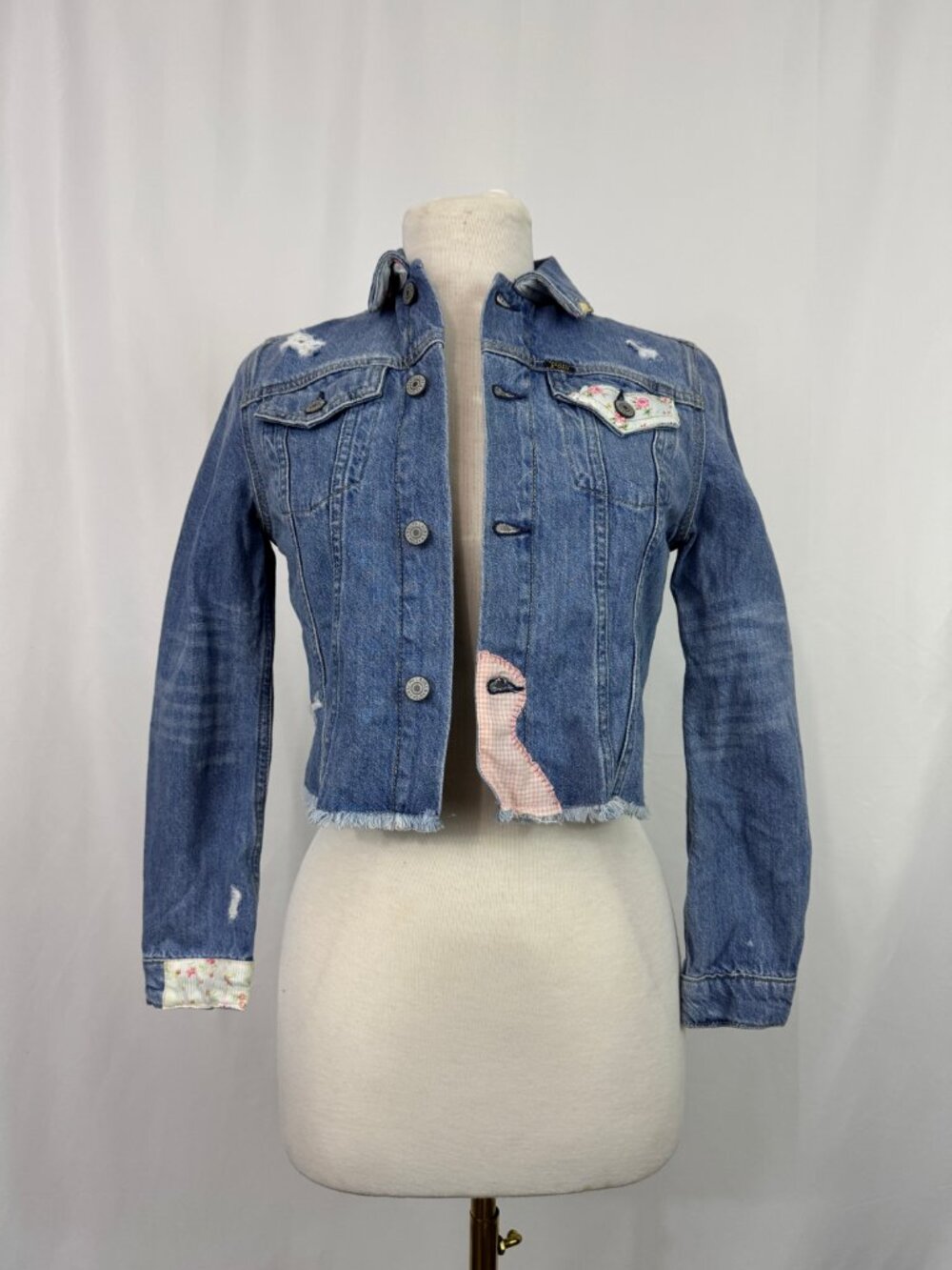 Polo Ralph Lauren Girls Denim Jacket Large Cropped Cottagecore Patchwork Floral